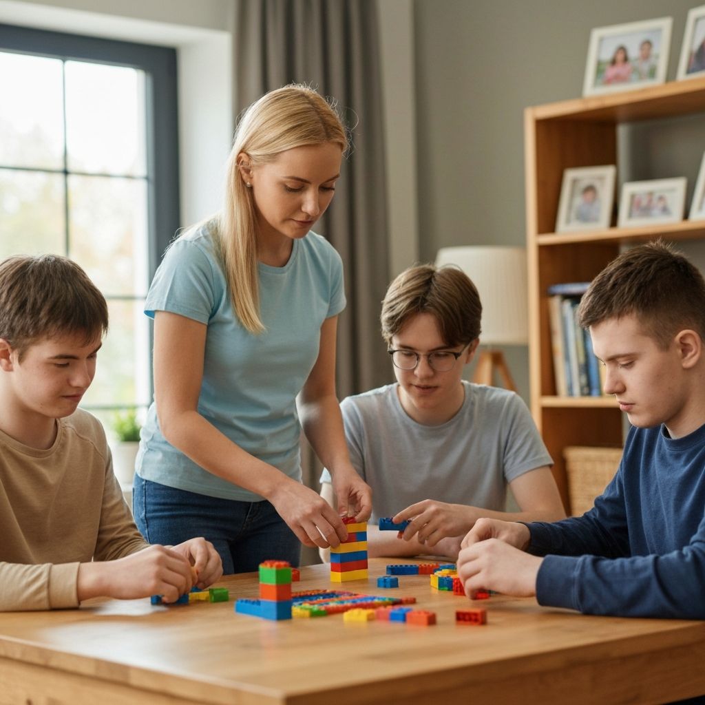 Caregiver helping children with intellectual disabilities with building blocks at home