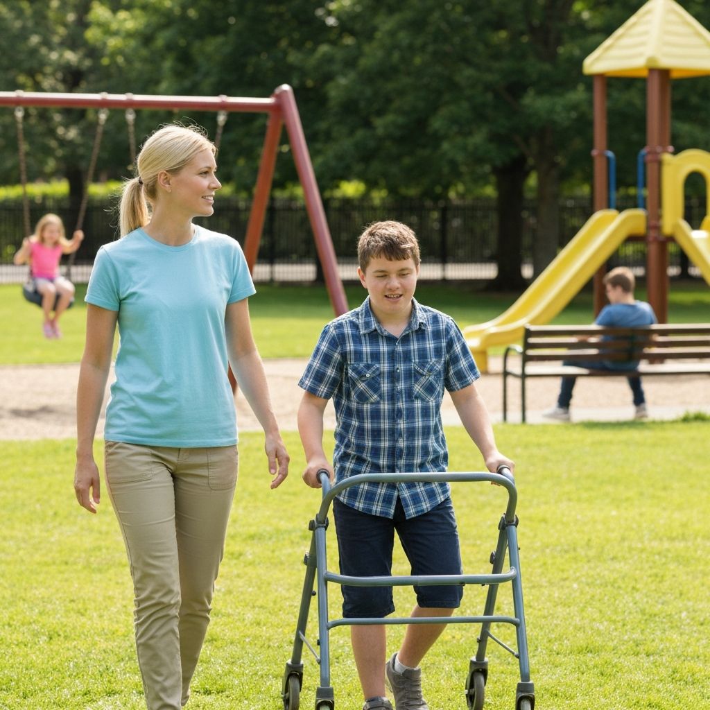 Caregiver at park playground with teens with developmental disabilities